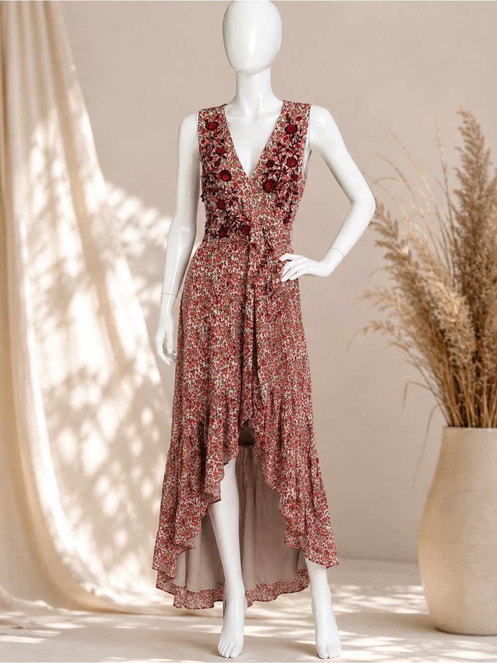 Ranna Gill Rust Floral V-Neck High-Low Maxi Dress